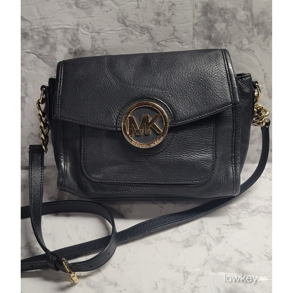 Michael Kors Fulton Black Pebbled Leather Crossbody Bag Gold MK Logo Messenger
